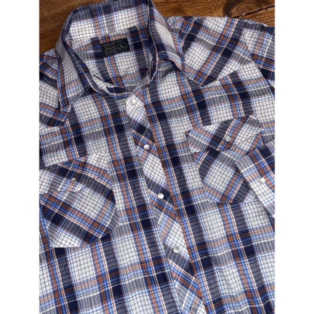 Vintage JCPenny‎ Pearl Snap Shirt Men's Large Multicolor Plaid Cowboy Country LS